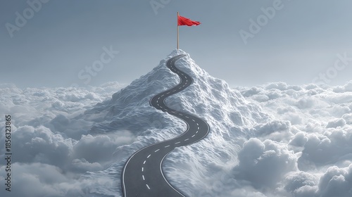 Mountain Peak Reached with Red Flag Against Cloudy Sky for Success Concept Achievement Target Climb Mountain Path Goal Pursuit and Ambition Dream Attainment