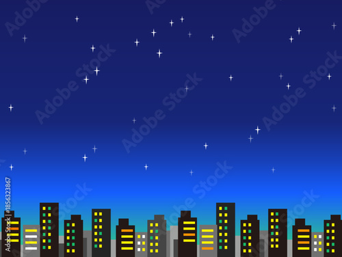 大都市の夜景と星空の背景素材イラスト / City Skyline with Starry Night Sky Background Illustration