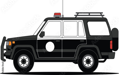 Detailed Side-Profile Vector Illustration of a Black and White Police Patrol SUV Featuring a Roof Siren, Front Bull Bar, and Rear Spare Tire.