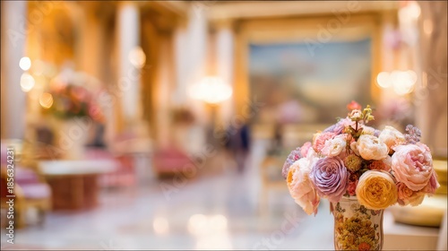 Pastel Flower Arrangement in Ornate Vase with Glimmering Lighting and Blurred Architectural Interior Backdrop