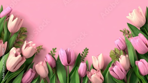 Pink Tulips And Green Leaves On A Pastel Pink Background Floral Arrangement Top View