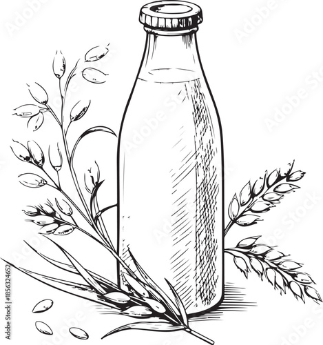 Oat Milk Bottle Hand-drawn Sketch Drawing Vector Illustration, Line Linear Symbol Engraving Coloring Book, Black and White Isolated