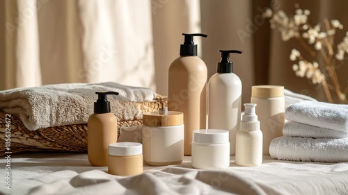 A collection of neutral-toned cosmetic and personal care products with soft towels in a serene spa-like setting.