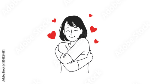Self-love Embrace: Woman Hugging Herself with Hearts