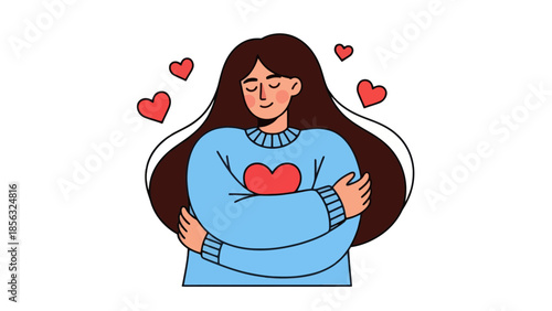 Self Love: Woman Embracing Herself with Hearts