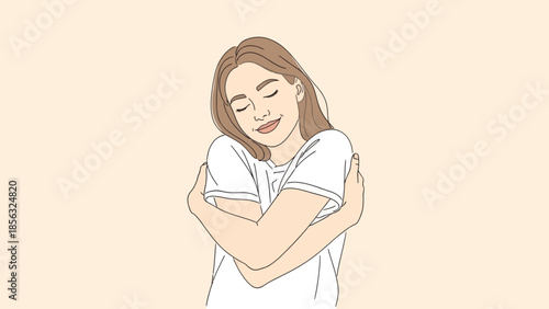 Self Love: Woman Embracing Herself with Eyes Closed