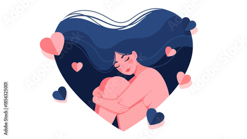 Self Love Concept, Woman Embracing in Heart