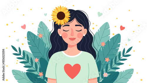 Self Love and Wellness Illustration with Woman and Sunflower
