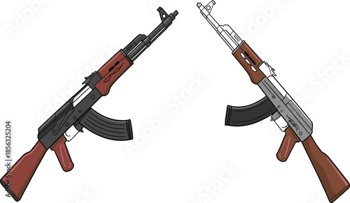 A Detailed Vector Illustration Featuring Two Tactical Assault Rifles Arranged in a Mirrored Composition with Wood-Grain Accents and Metal Finishes