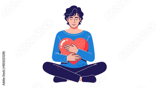 Man embraces heart, Self love concept Valentine