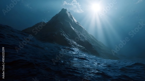 Wallpaper Mural A dramatic underwater mountain peak rises from turbulent waves illuminated by bright sunbeams piercing the deep blue sea Torontodigital.ca