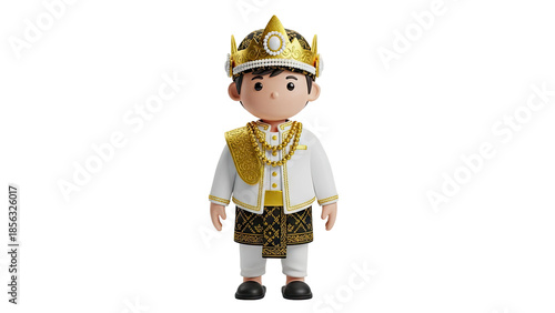 3D Cartoon Boy in Traditional Malay Royal Attire with Crown on transparent background