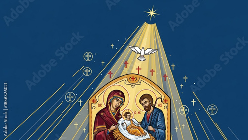 Holy family with baby jesus christ, mary and joseph, sacred illustration with dove and crosses on blue background with rays of light