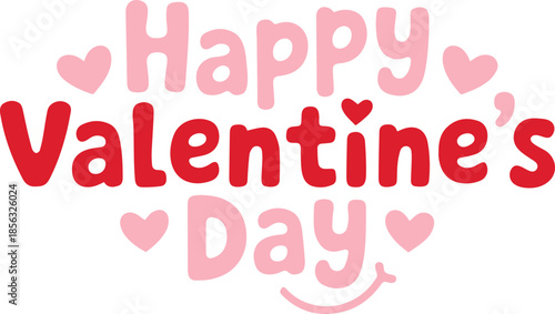 Playful lettering declares Happy Valentines Day surrounded by charming small pink hearts on a crisp white background