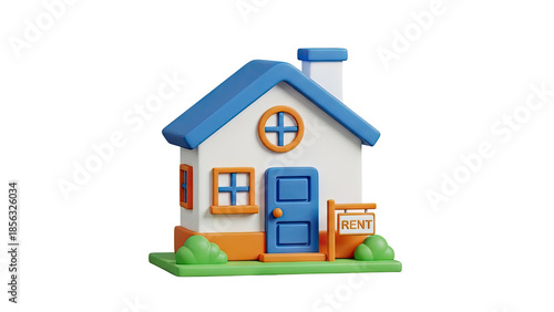 3D cartoon house with RENT sign on transparent background