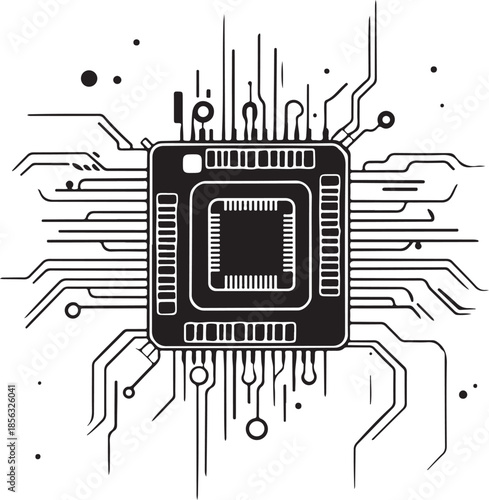 Chip Electronic Technology Hand-drawn Sketch Drawing Vector Illustration, Line Linear Symbol Engraving Coloring Book, Black and White Isolated