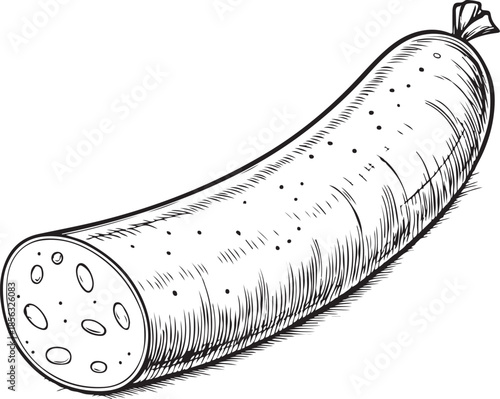 Chorizo Sausage Hand-drawn Sketch Drawing Vector Illustration, Line Linear Symbol Engraving Coloring Book, Black and White Isolated