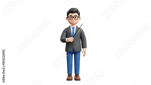 3D Cartoon man in suit holding pointer stick on transparent background