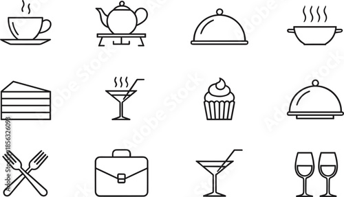 Restaurant and cafe outline icon set featuring food service, dining, beverages, desserts, and hospitality symbols