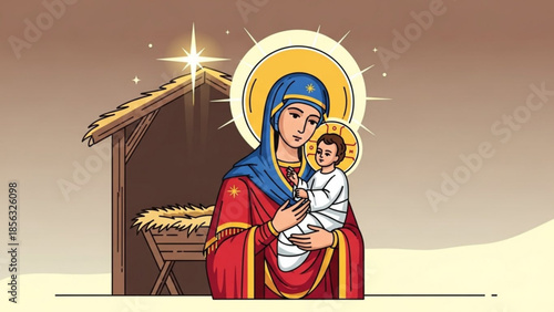 Virgin mary holding baby jesus in manger scene with bright star shining