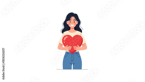 Girl Holding Red Heart Shape, Self Love Concept