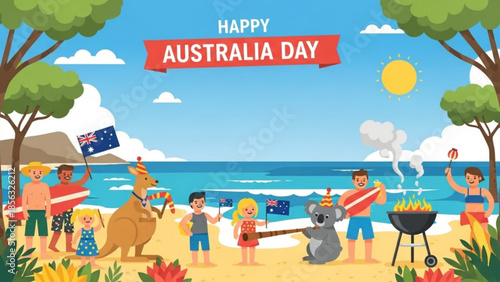 Happy australia day celebration on sunny beach with people, kangaroo, koala, barbecue, and australian flags, blue ocean and sky background