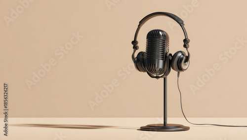 Black microphone with headphones on a stand.