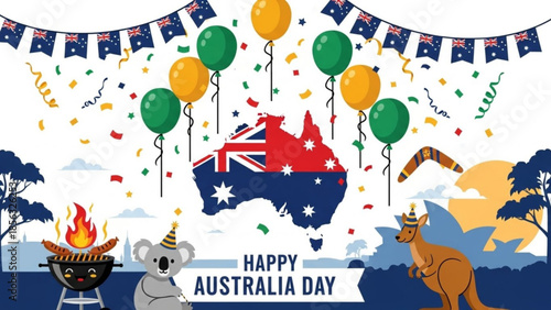 Happy australia day celebration with kangaroo, koala, barbecue, balloons and confetti, australian flag