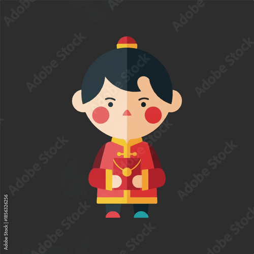 Illustration of a cartoon child in traditional clothing holding a gift