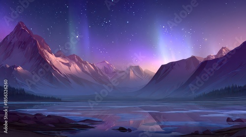 Pixelated Mountain Range And Lake Under Purple Aurora Borealis And Starry Night Sky
