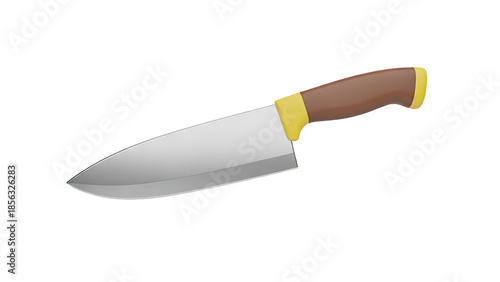 3D Chef knife with brown and yellow handle on transparent background