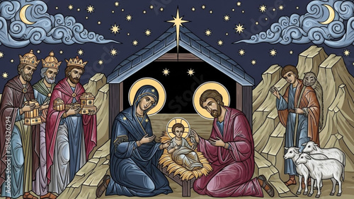 Nativity scene with holy family, three wise men, angels, and sheep under starry night sky in manger