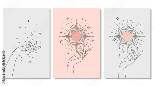 Elegant Hands with Sun and Stars Line Art