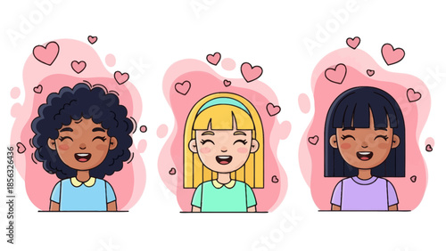 Diverse girls with hearts, Self love concept Valentine