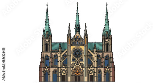 Gothic Cathedral Facade with Spires and Arched Windows - Architectural Illustration