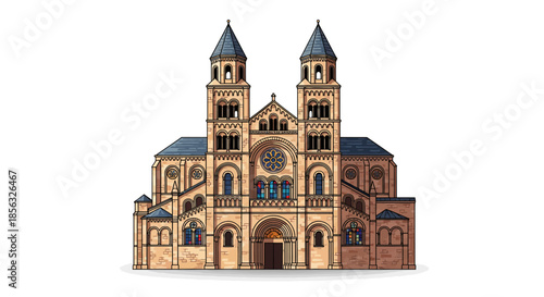 Magnificent Romanesque Basilica with Twin Towers and Arched Windows, a Testament to Ancient Architectural Grandeur