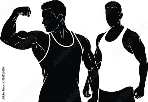 Silhouettes of Muscular Men Flexing Arms in White Tank Tops