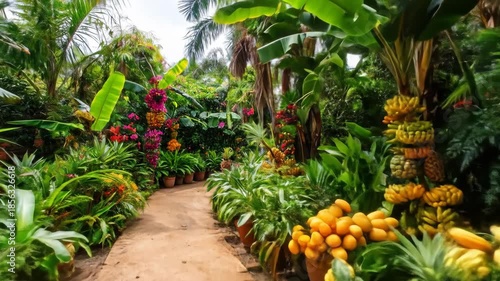 Wallpaper Mural A vibrant tropical garden path showcasing lush green foliage, colorful blossoms, and an abundance of exotic fruits like bananas and pineapples. Torontodigital.ca