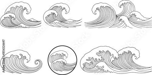 Ocean wave line illustration set featuring flowing sea waves, Japanese style curves, water motion, and maritime design elements