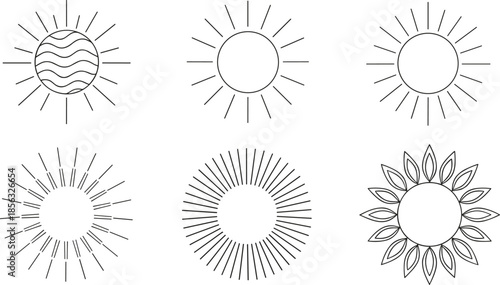 Sun and sunburst outline icon set featuring radiant solar symbols, summer light, energy, and weather concepts