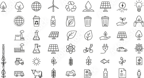 Sustainability and ecology outline icon set featuring renewable energy, recycling, green technology, nature, and environmental protection symbols