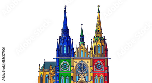 Vibrant Multi-Colored Architectural Masterpiece Depicting a Grand Gothic Cathedral