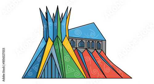 Abstract Representation of a Striking Architectural Structure with Geometric Patterns and Vibrant Colors