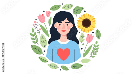 Woman with Heart Surrounded by Flowers