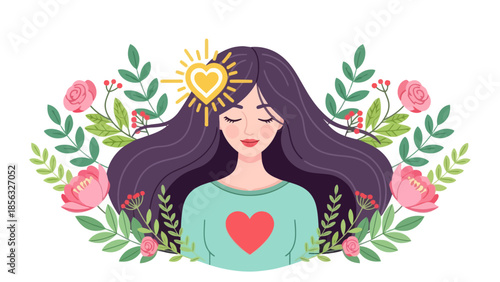 Woman with heart. Self-love and mental health concept