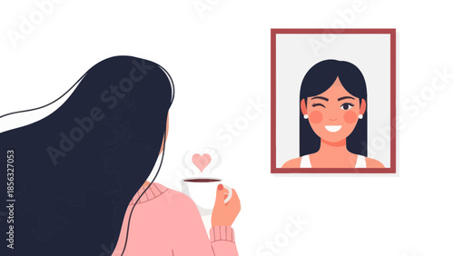 Woman with Coffee and Portrait: Self-Love Concept