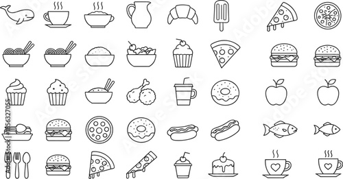 Food and drink outline icon set featuring meals, snacks, desserts, beverages, and restaurant menu symbols