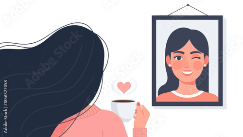 Woman with Coffee Cup Looking at Portrait