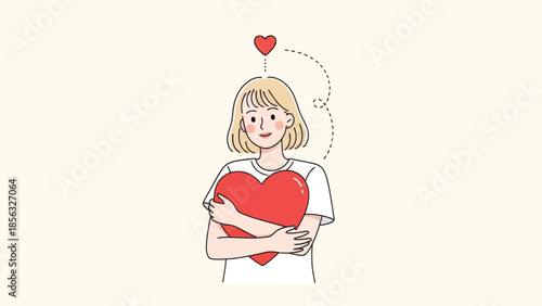 Woman hugging heart. Self love concept Valentine