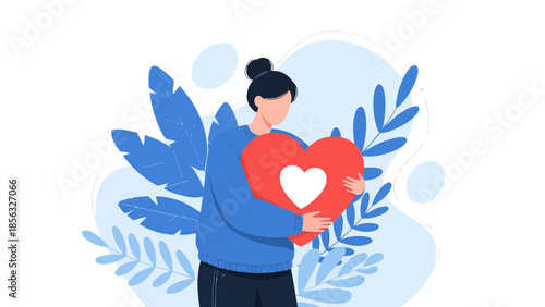 Woman hugging heart Self love concept